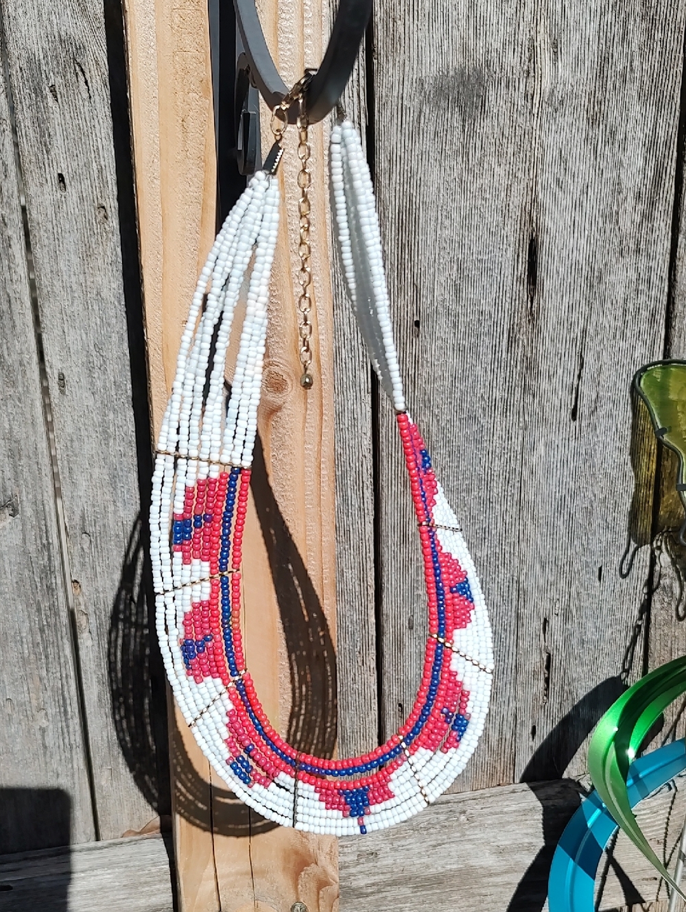 Handcrafted White, Red & Blue Beaded Multi-Strand Necklace